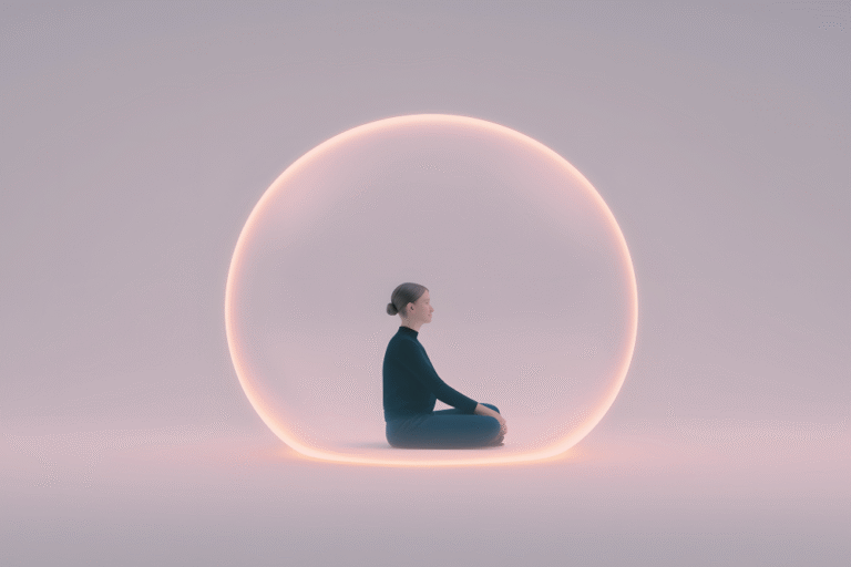 Femme méditant dans une bulle d lumière dorée, exercice de sophrologie pour se créer une bulle de protection contre le stress extérieurs