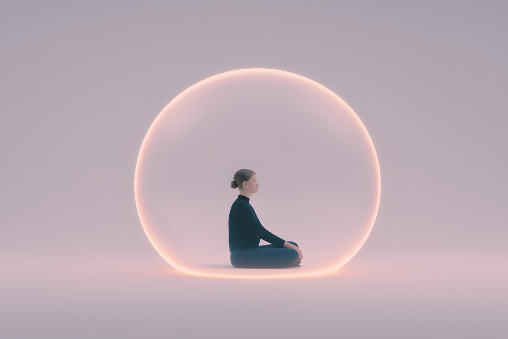 Femme méditant dans une bulle d lumière dorée, exercice de sophrologie pour se créer une bulle de protection contre le stress extérieurs