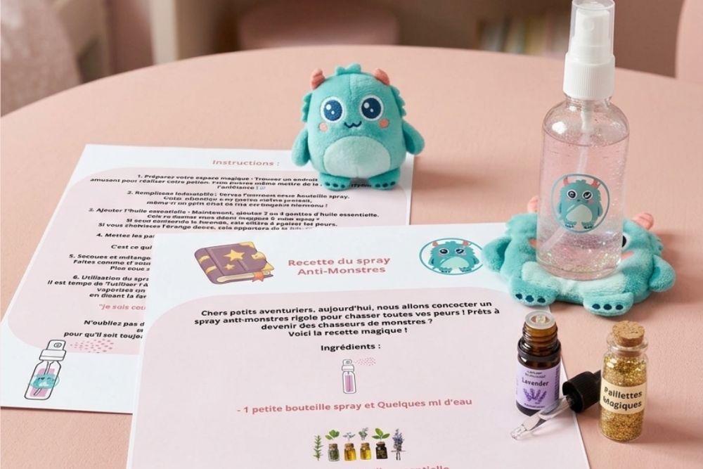 Fiche recette du spray anti-monstres pour enfant par Gwenaëlle Hevessy Sophrologue à Épinal. Ingrédients : eau, huiles essentielles de lavande ou orange douce, et paillettes magiques.